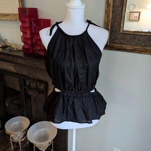 J.Crew Womens Medium Linen Cut-out TankTop Black Halter Peplum Tie Shoulder 121